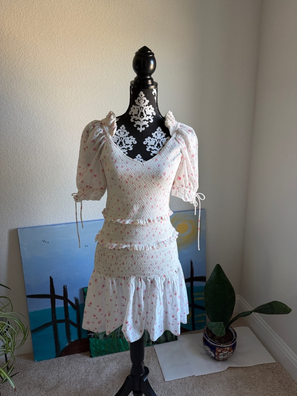 LoveShackFancy White Textured Top with Pink Speckle Detail